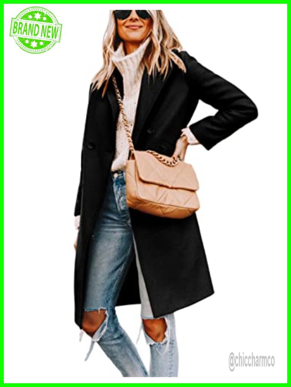 Wool Blend Peacoat Notch Lapel Double-Breasted Knee Length Winter Coat